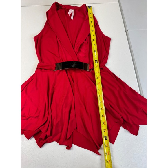 Sleeveless blouse Red Sheer Collar Party Cocktail top with Belt - Picture 3 of 9